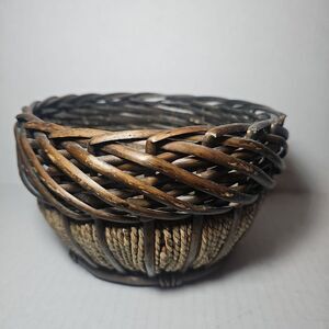 Vintage Round Wicker Rattan & Jute Decorative Basket 5x8"